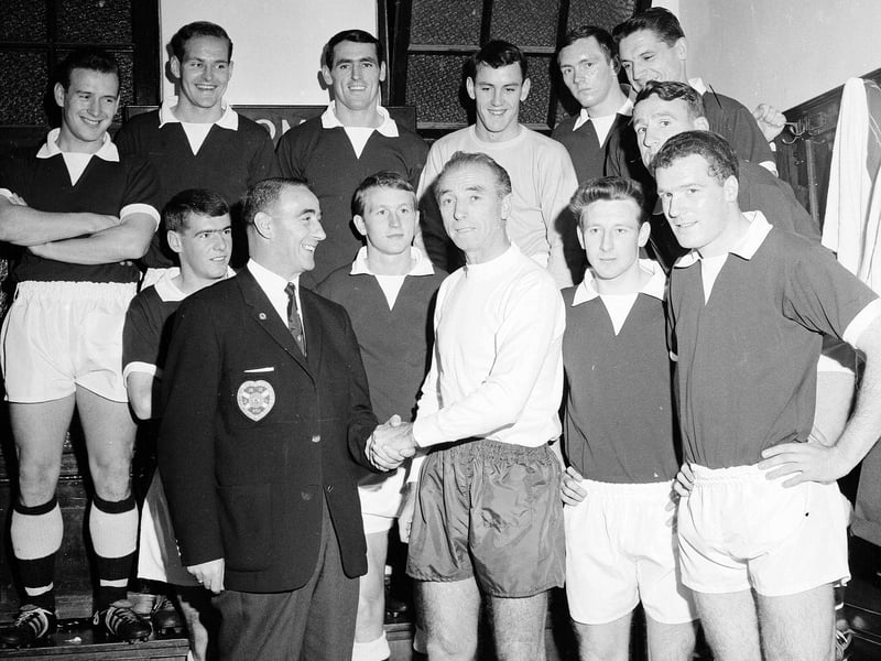 Stanley Matthews made his last appearance in Scotland with Stoke City FC in a friendly against Hearts at Tynecastle in October 1964. After the match he met the Hearts team and manager Tommy Walker.