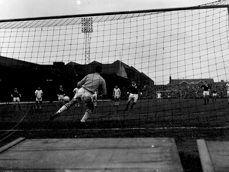 Andy Penman opens the scoring for Dundee in a 7-1 win against Hearts at Tynecastle in February 1965.