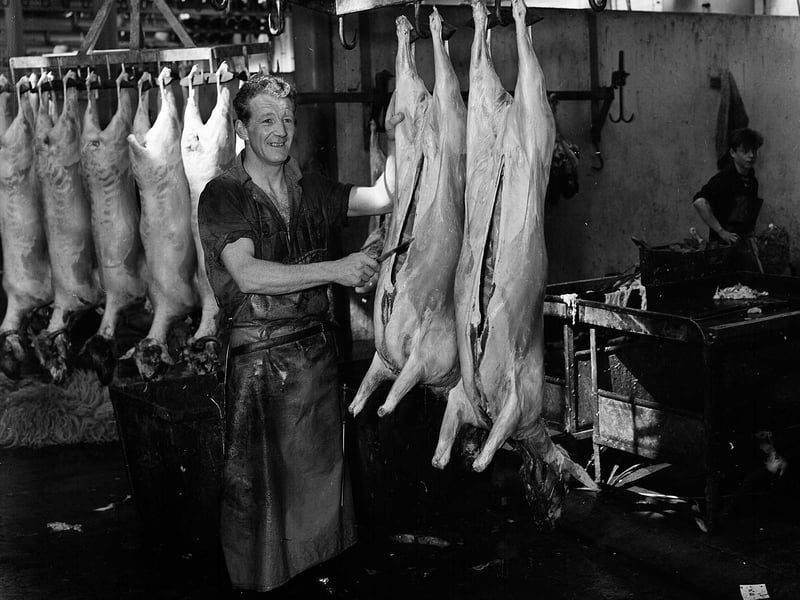Golder Dave Maldne in Gorgie market slaughterhouse in May 1963.