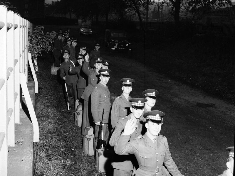 Scots Guards leave from Gorgie Station after a Royal Tour in October 1962.