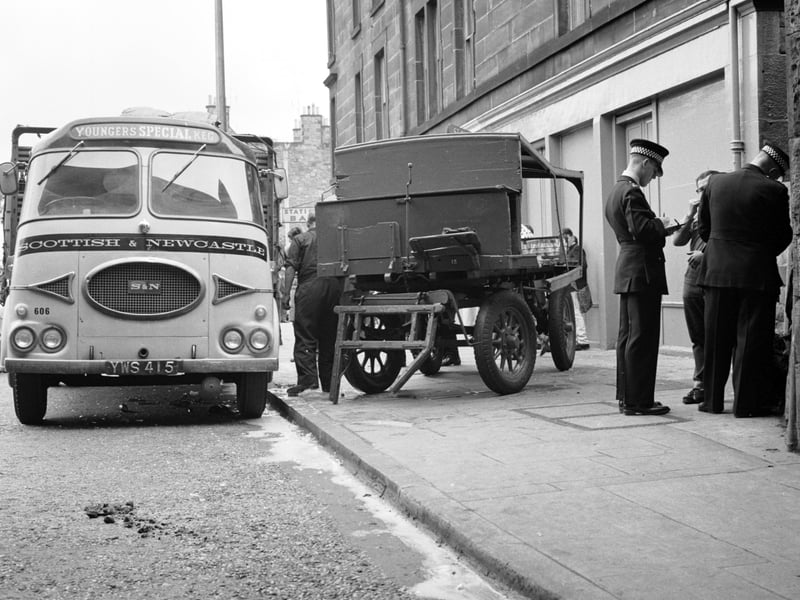 A damaged milk float on the pavement after the milk horse bolted and injures itself on Gorgie Road in June 1966.