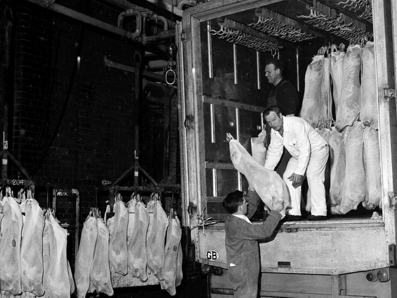 Scotch lamb carcases loaded into a refrigerated truck at Gorgie slaughterhouse bound for Paris in April 1963.