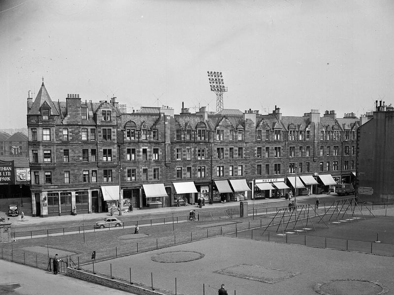 A newly-created park opposite Tynecastle Park with shops in the background in Gorgie in May 1959.