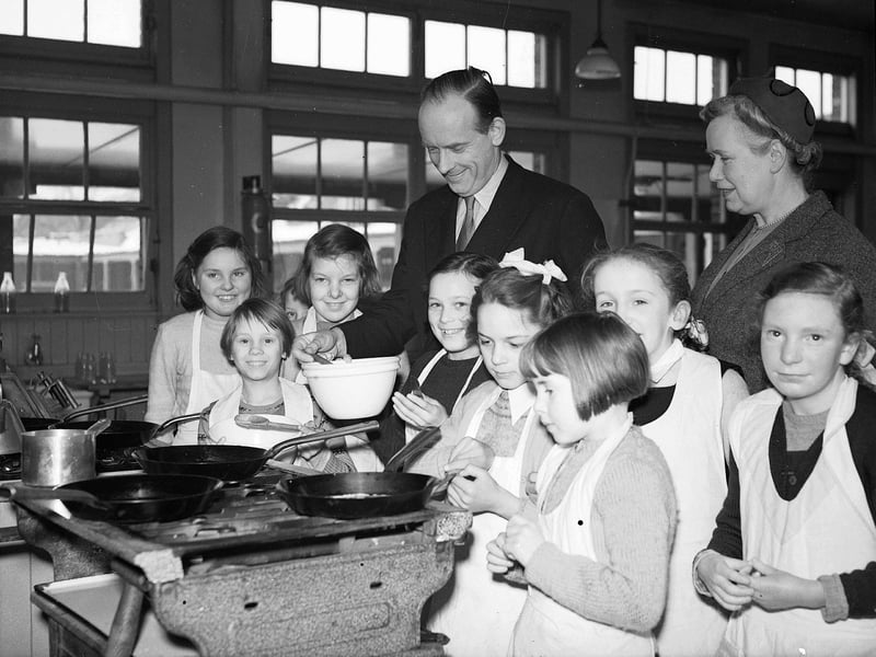 Lord John Hope, the MP for Pentland constituency, visits cookery class at 'Gorgie School for the Physically Handicapped' in February 1955.