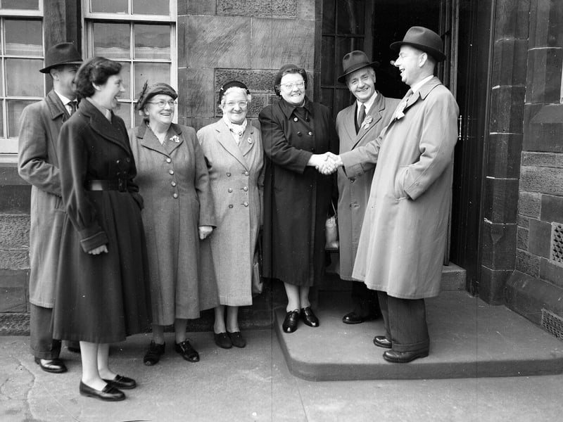 Labour supporters and Gorgie municipal election candidates outside the polling station at Pentlands School in May 1957.