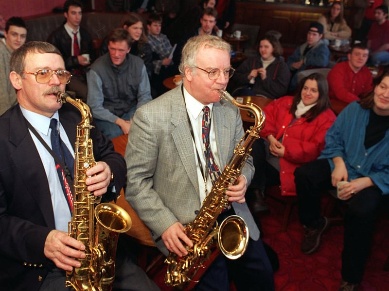 Leeds College of Music paid tribute to Ronnie Scott who would have been 70 on January 28, 1997. This datewas remembered by the College at a specially dedicated lunchtime jazz session in the Civic Theatre Bar. Pictured are jazz tutor Al Wood, left, alto sax and Bill Charleson, tenor sax, in action.