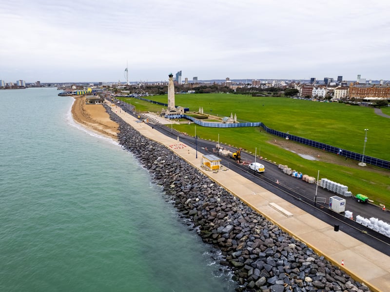 Ongoing works to the sea defences in front of Southsea Common. The yellow shelters are in a new position on the promenade
Photos by Alex Shute