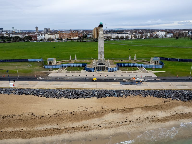 Ongoing works to the sea defences in front of Southsea Common. The road in front of the Naval Memorial will have a different road surface to the rest of the newly-created road
Photos by Alex Shute
