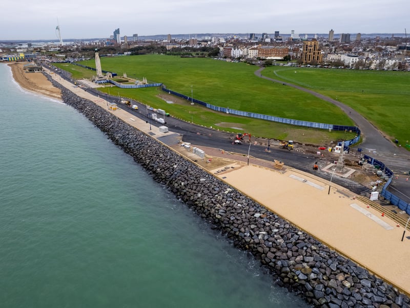 Ongoing works to the sea defences in front of Southsea Common. Much of the work to create the new promenade and road is done - with the new embankment on the other side of the road looking green
Photos by Alex Shute