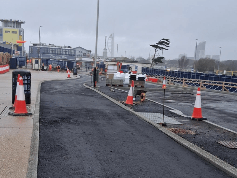 Kerbs have been placed and work ongoing to prepare the surface for a new 3m wide two-way cycle lane in front of Southsea Common. The photo shows the first layer and the final product will be buff coloured to fit in with the rest of the scheme. The cycle lane will be segregated from car parking by a 2m buffer strip, allowing drivers to safely leave their vehicles when they park.