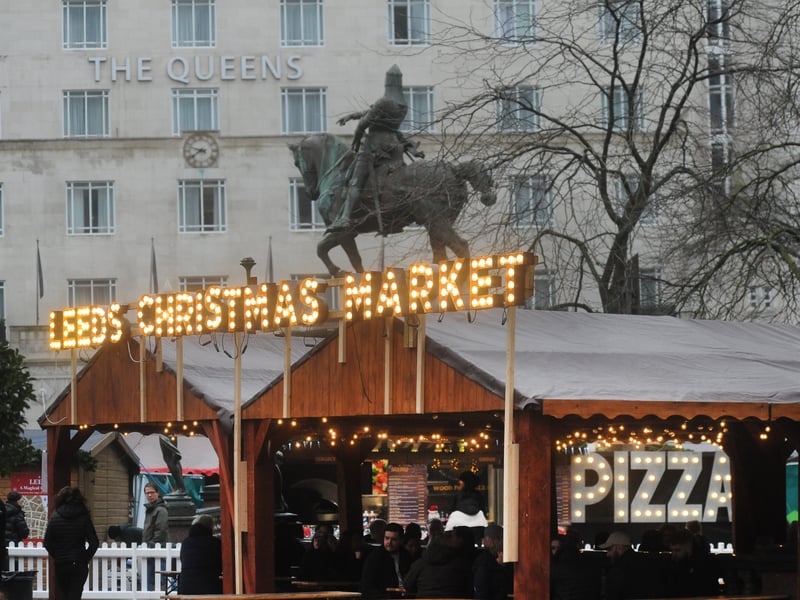 Leeds Christmas Market sign at City Square lit up for the final time in 2025.