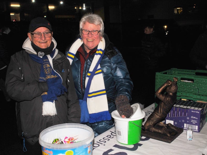 Michael and Isobel Boyes of Beeston stopped by to donate before enjoying Leeds United's stunning victory.