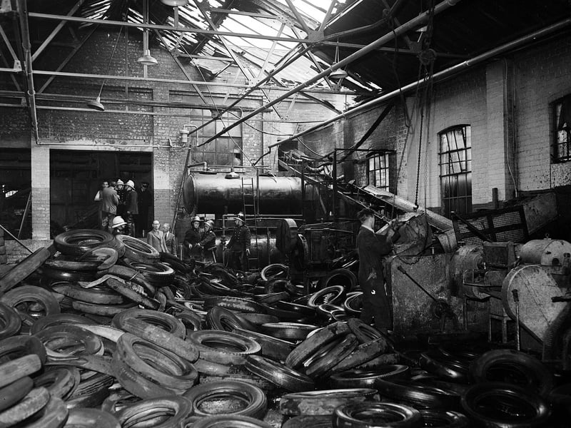 A mass of molten rubber and scrap tyres after a first at the North British Rubber mill at Fountainbridge in May 1960.