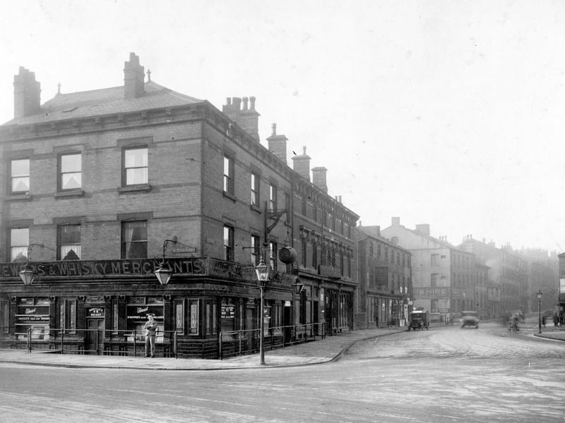St. Peter's Street in the foreground, looking across to Lady Lane. On the right is the ornate facade of the Marquis of Granby public house. Pictured in November 1929.