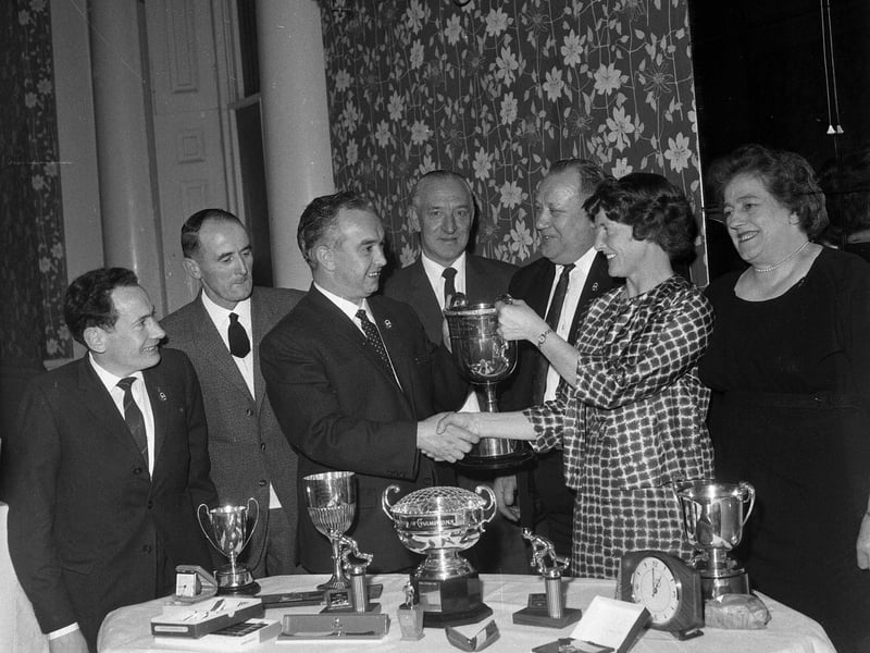 Gilmerton Bowling Club members with their trophies in November 1966.