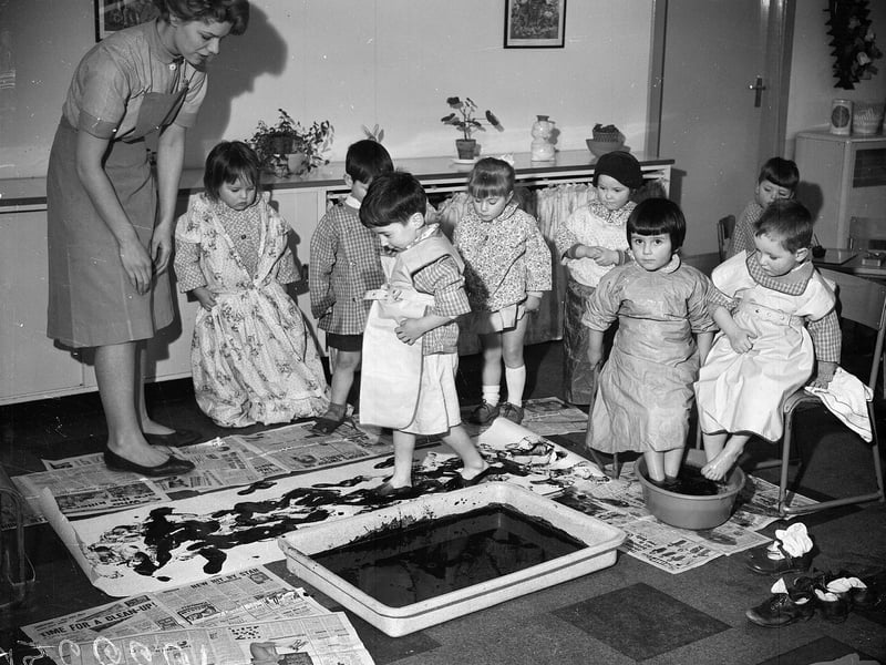 Children foot painting at Gilmerton Day Nursery in March 1964.
