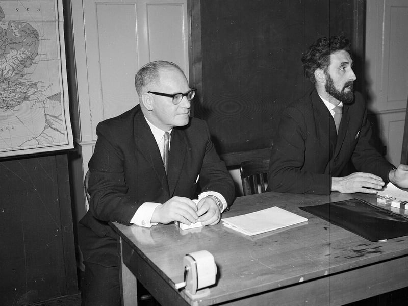 Councillors Swanson and Kerr at a meeting to discuss rent proposals at Gilmerton School in November 1963.