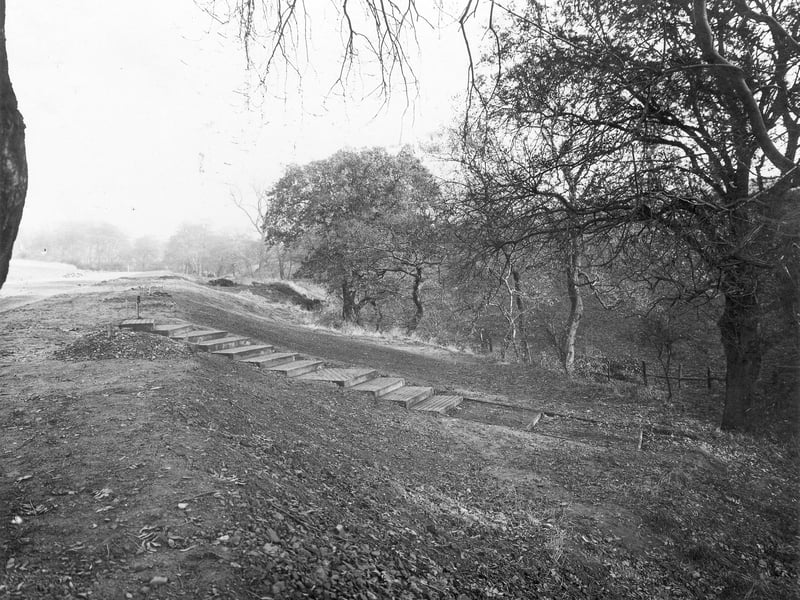 Gledhow Valley showing a footpath with steps under construction which would lead all the way down to Gledhow Valley Road. At the top of the footpath would be Back Northbrook Street. The far side of the steps is now occupied by allotments. Pictured in November 1934.
