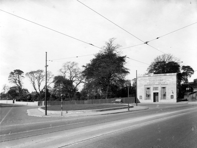 The junction of Harrogate Road and Stainbeck Lane, with Yorkshire Penny Bank on right. Pictured in October 1937.