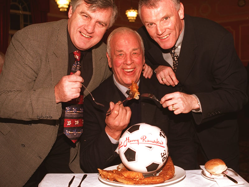 Leeds United legends came together at Harry Ramsdens. Pictured, from left, are Peter Lorimer, John Charles and Eddie Gray.