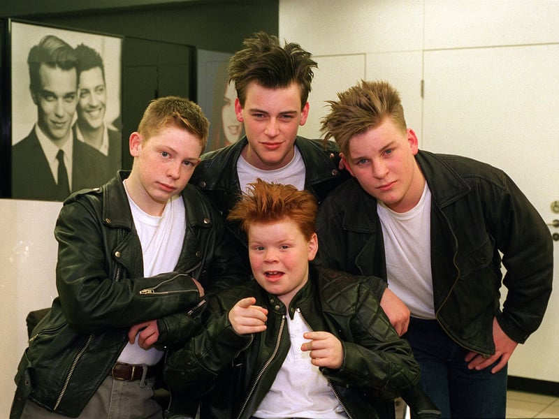 New look. Members of rock rock band Rockabeats following their new hair cuts at Vidal Sassoon salon on Albion Street. Pictured are Little Red, nine, (centre) with, from left Johnny B, 15,  Slim, 16, and Sugar Ray, 14.