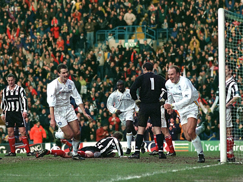 Robert Molenaar, right, celebrates his header that opened up the scoring for Leeds United during the FA Cup fourth round clash against Grimsby Town at Elland Road. The Whites won 2-0.