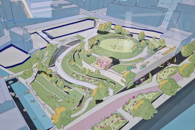 An artist’s impression of Castlegate park, once the site of Sheffield Castle. Photo: Iconic Media