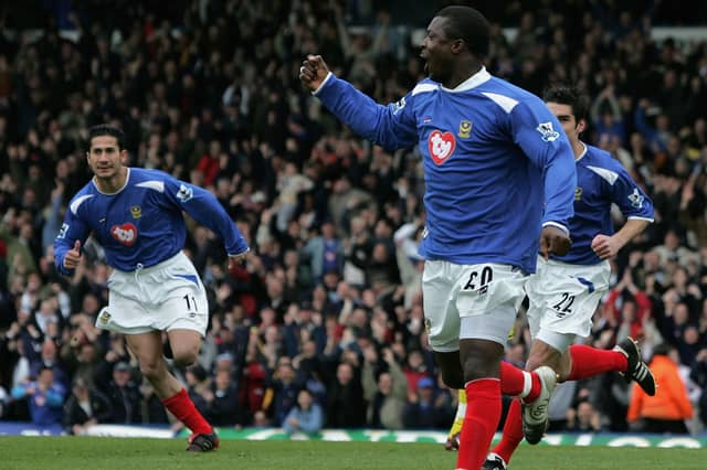 Yakubu opened the scoring for Pompey in the third minute to send the Blues on their way to a 4-2 win against Charlton during the 2004-05 Premiership season.