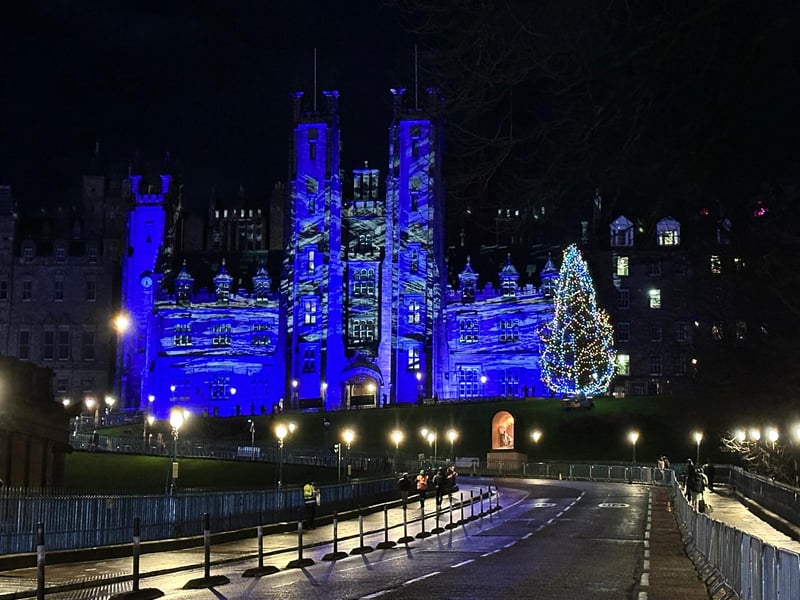 New College on The Mound and the Christmas tree are all lit up to welcome the new year.