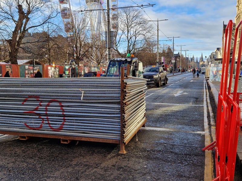Princes Street was closed to traffic all day as preparations for tonight got under way, including fencing being transported to where it was needed.