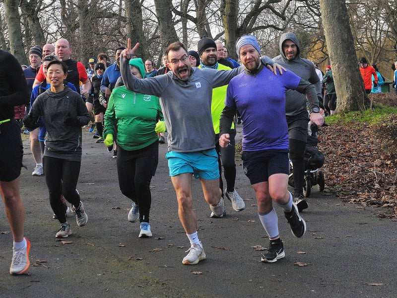 Runners at the start get into the spirit as they set off.