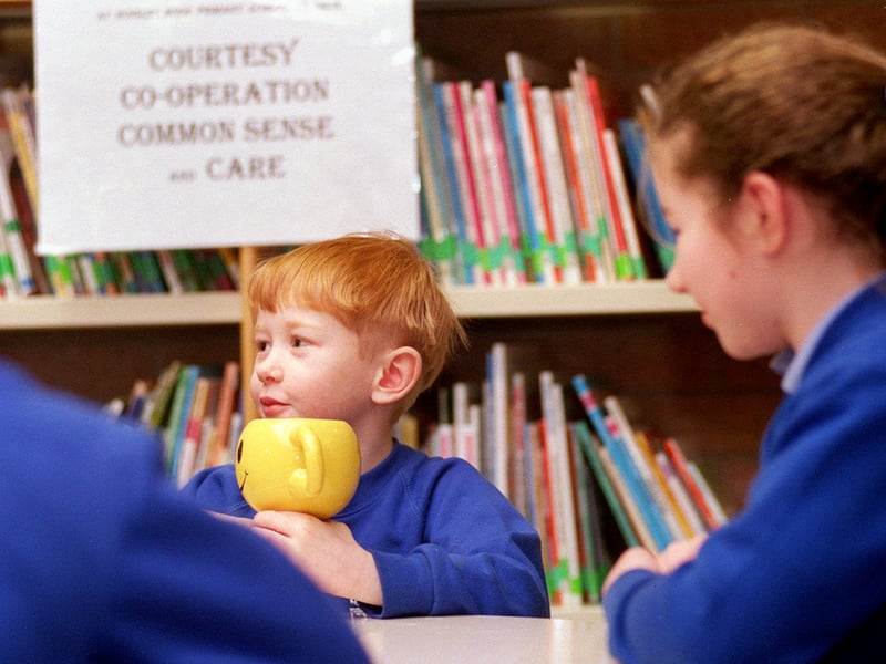 Year 2 Hunslet Moor Primary pupil Sam Hudson passes the cup in a session discussing acceptable behaviour in school.
