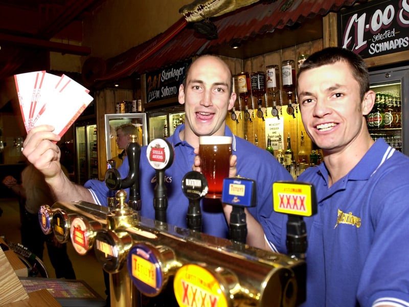 Leeds Rhinos new Australian signings David Barnhill and Paul Bell in the Walkabout Bar in the city centre where they were helping to hand out raffle tickets to win seats for a game.