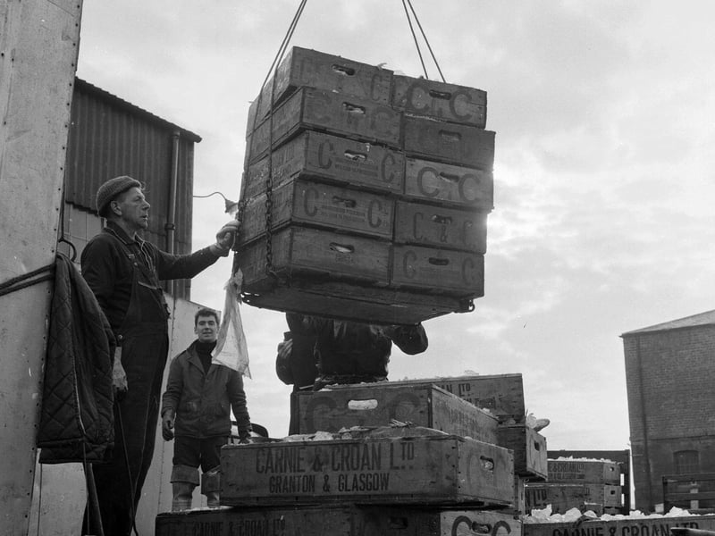  Fish in fish boxes being loaded into a fridge-fitted van  from the Watta Croan at Granton in February 1967.