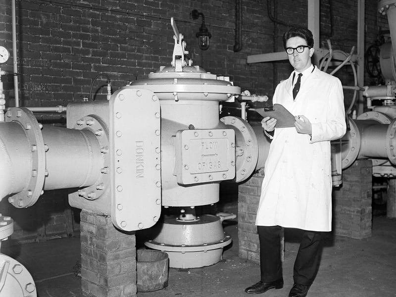 Hugh Campbell takes a time study at the reforming plant at Granton Gas Station in April 1963.