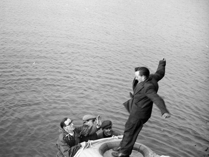 An inflatable dinghy demonstration at Granton in February 1956.