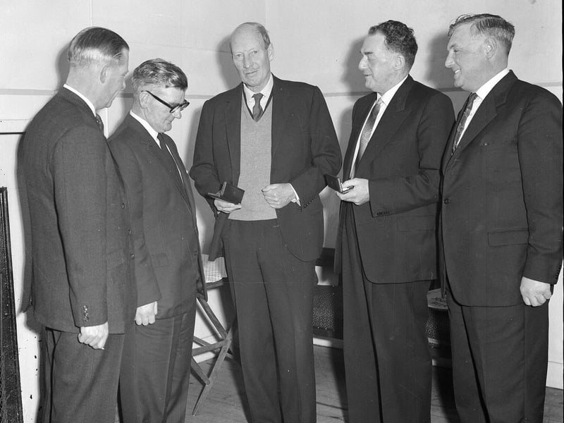 Granton Harbour Employees long service presentations carried out by the Duke of Buccleuch in April 1963.