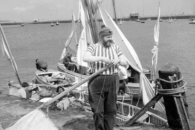 Mr Ron Fraser of Portobello prepares for the yacht racing a Granton Harbour in July 1965.
