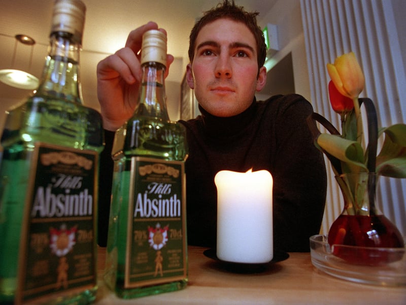 Absinth - 70 per cent proof - was on the drinks menu at Velvet in Hirst's Yard. It was priced at £4 a shot with customers only allowed two shots per visit. Barman Martin Stoney is pictured with bottles of the booze.