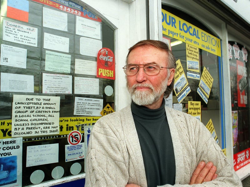 Newsagent Tom Crompton outside his shop with this message on display -"Due to the unacceptable amount of theft by a small group of cretins from a local school, all school children unless accompanied by a parent, are not allowed into this shop." 