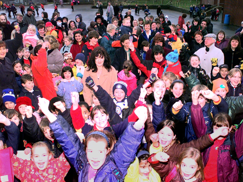 Parents and pupils celebrate after hearing the news that Cookridge Primary School had been saved from closure.