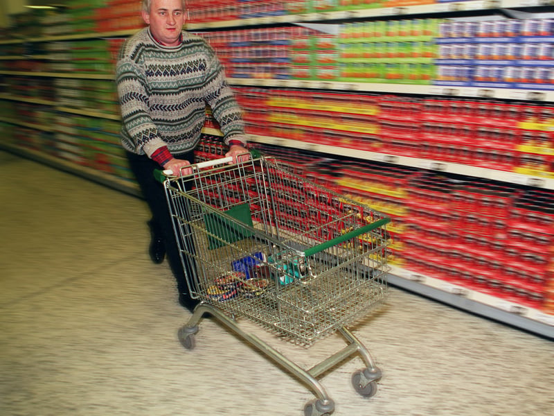 John Winkley races through the aisles on his trolley dash at Asda's Killingbeck store after winning the opportunity in a draw held by Garforth Round Table.
