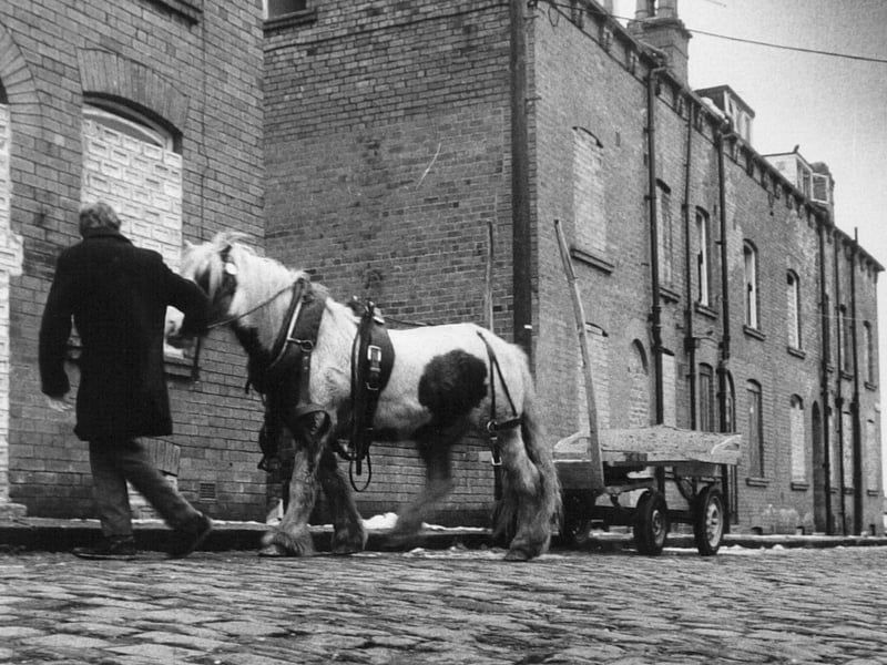 February 1986 and a rag and bone man makes his way down a cobbled street near St. James's Hospital.