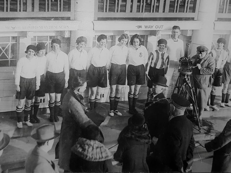A Pathe film crew capturing the Dick, Kerr Ladies team at a public appearance in Blackpool 1931