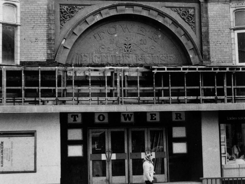 The old facade of the Grande Arcade is revealed during work on the front of the Tower Picture House cinema.