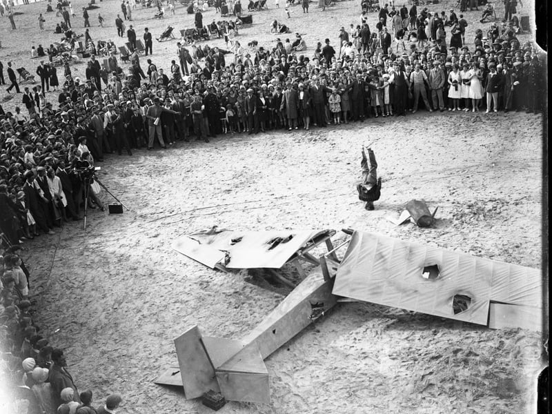 Lost Archives - Glass negatives - Filming on Blackpool beach in 1931 of  the featute film  No Lady - starring Lupino Lane.
Pictured is a crash scene after a glider race