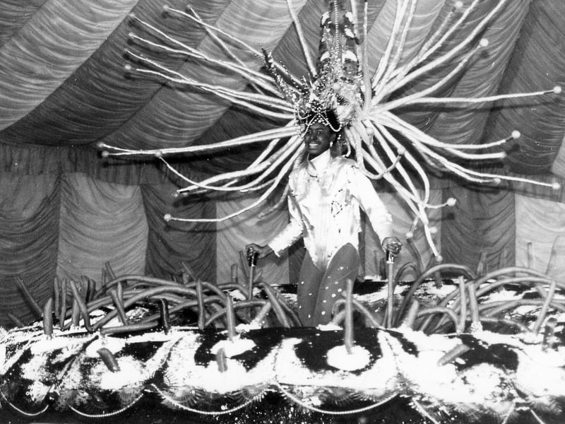 The Carnival Queen chosen for 1986 at the Leeds West Indian Carnival, held annually. She is Lisa Condor and her elaborate costume of a sea anemone was designed by her brother, Hubon Condor.