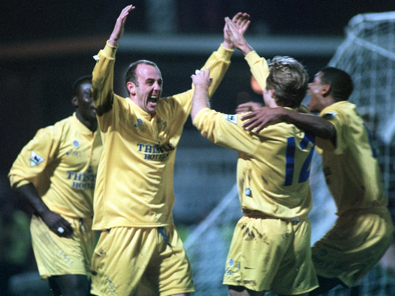 Gary McAllister is congratulated by, from left, Tony Yeboah, Tomas Brolin and Carlton Palmer after his first goal against Port Vale during the FA Cup fifth round replay. He scored both goals in a 2-1 win.