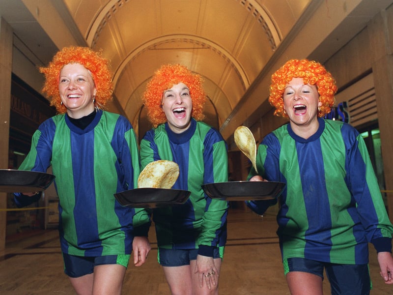 Sponsored pancake day races were held at the Leeds Shopping Plaza on Bond Street in aid of St Gemma's Hospice. Pictured, from left, are Jacqueline Ashby from Drighlington, Pamela Whitaker from Wortley and Diane Jones from Bramley.