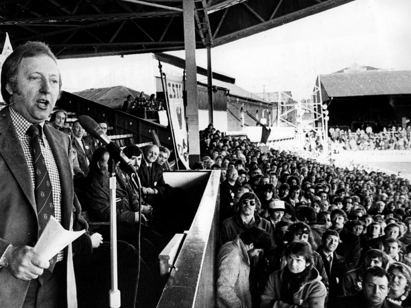 Arthur Scargill, miners leader, addresses the crowd at Rotherham United's Millmoor stadium in 1980
